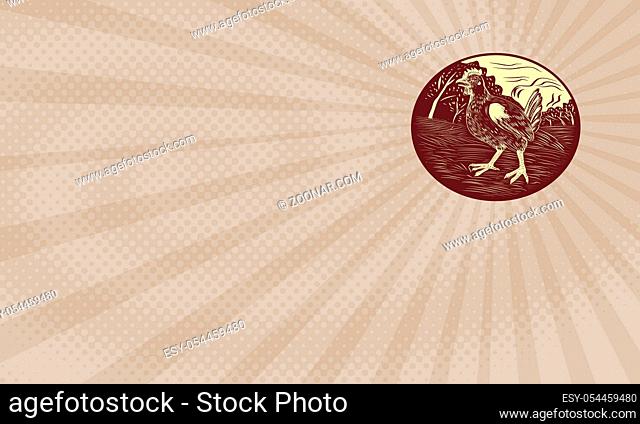 Business card showing Illustration of a hen in a farm with trees in the background set inside oval shape done in retro woodcut style
