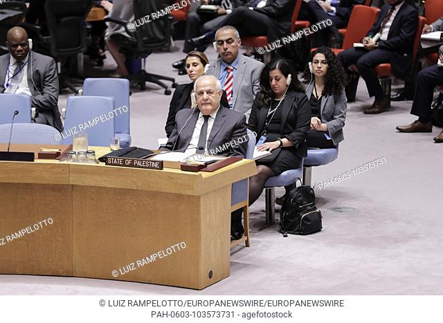United Nations, New York, USA, May 15, 2018 - Riyad H. Mansour, Permanent Observer of the State of Palestine to the UN addresses the Security Council meeting on...