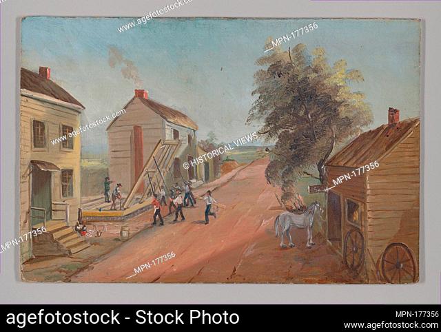 House Raising. Artist: William P. Chappel (American, 1801-1878); Date: 1870s; Medium: Oil on slate paper; Dimensions: 6 1/8 x 9 1/4 in. (15.6 x 23