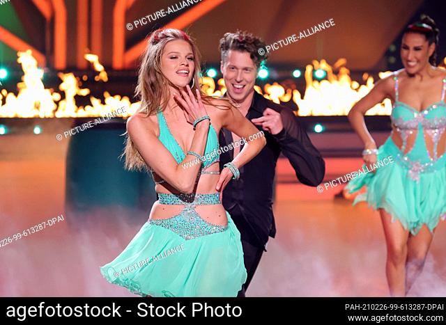 26 February 2021, North Rhine-Westphalia, Cologne: ""Let's Dance"" - Kick-off of the 14th season of the RTL dance show: Kim Riekenberg (l) and Valentin Lusin...