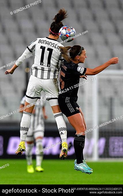 Turin, Italy. 24th, November 2022. Barbara Bonansea (11) of Juventus and Katie McCabe (15) of Arsenal seen in the UEFA Women’s Champions League match between...