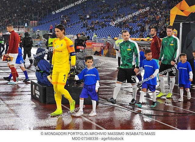Team entering during the match Roma-Borussia Monchengladbach in the olimpic Stadium. Rome (Italy), October 24th, 2019