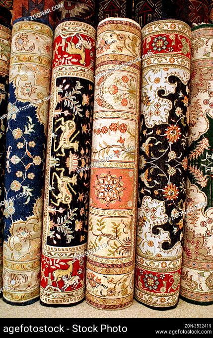 Rolls of carpets in shop, Istanbul, Turkey