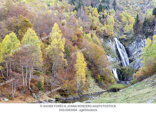 Saut desh Pish waterfall, Varradòs valley, Val d'Aran, Lleida, Spain