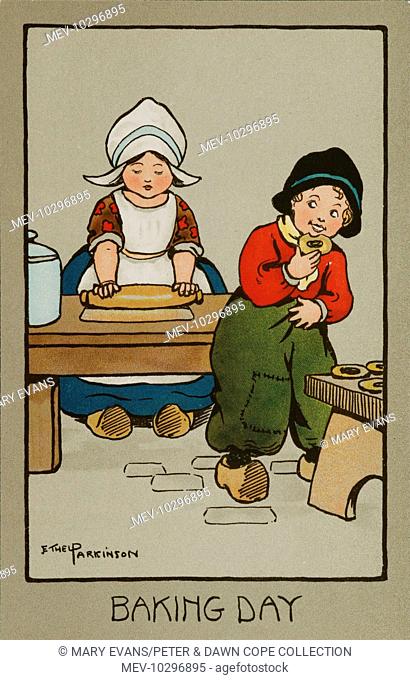 Baking Day, by Ethel Parkinson. A little Dutch girl kneads some dough, while a little boy tastes some freshly baked pastry