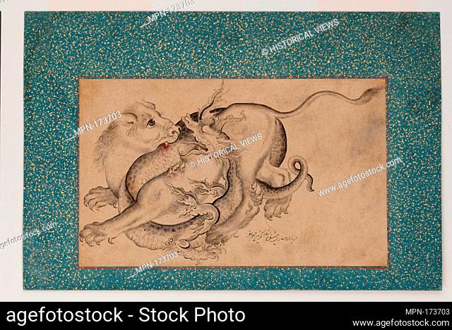 Lion and Dragon in Combat. Artist: Painting by Muhammad Baqir (Iranian, active 1735-90); Object Name: Illustrated single work; Date: second half 18th century;...