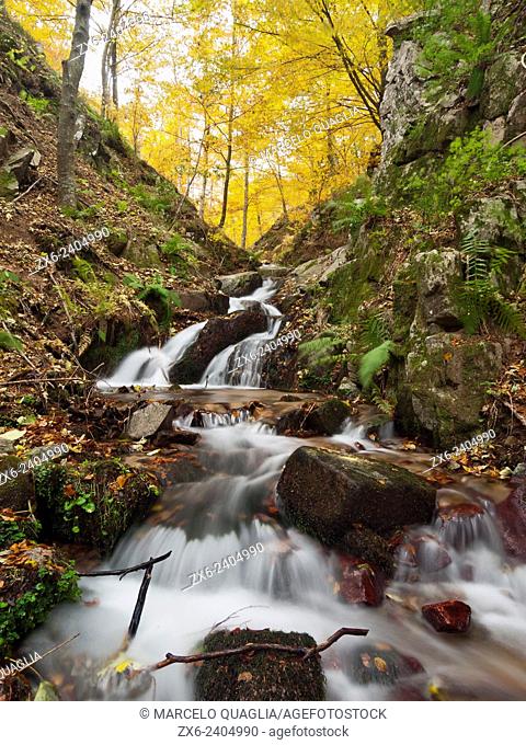 Marianegre stream waterfalls at autumn time. Montseny Natural Park. Barcelona province, Catalonia, Spain
