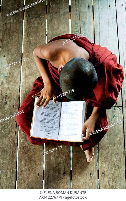 Novice buddhist monk reading a book; Bagan, Myanmar