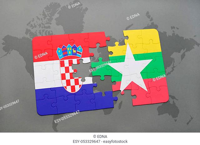 puzzle with the national flag of croatia and myanmar on a world map background. 3D illustration