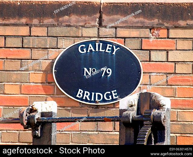 Cast iron sign on the Gailey Bridge No 79 on the Staffordshire and Worcestershire Canal in England, UK