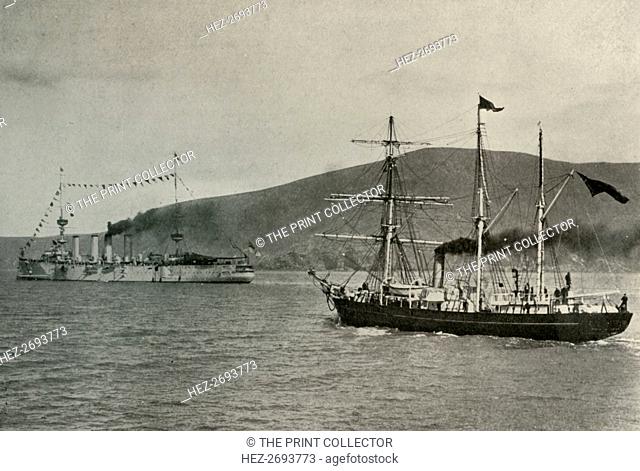 'The Nimrod Passing H.M.S. Powerful, ..in Lyttelton Harbour', 1 January 1908, (1909). Artist: Unknown