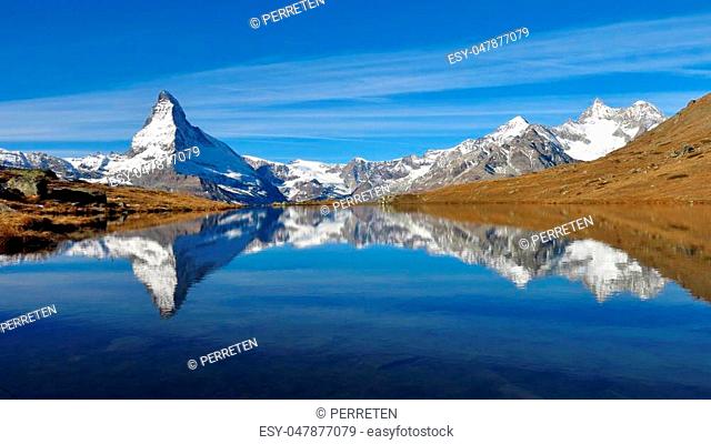 Matterhorn and Weisshorn mirroring in lake Stellisee