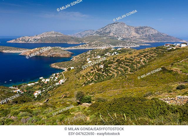 Kampi village on Fourni island and view of Thymaina island, Greece.