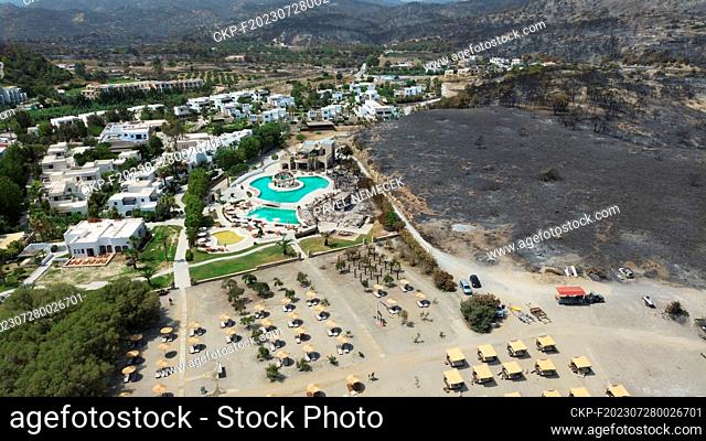 Tourist resorts near the town of Lardos on the Greek island of Rhodes, where the fire stopped just short of the walls of the complexes, Greece, July 27, 2023