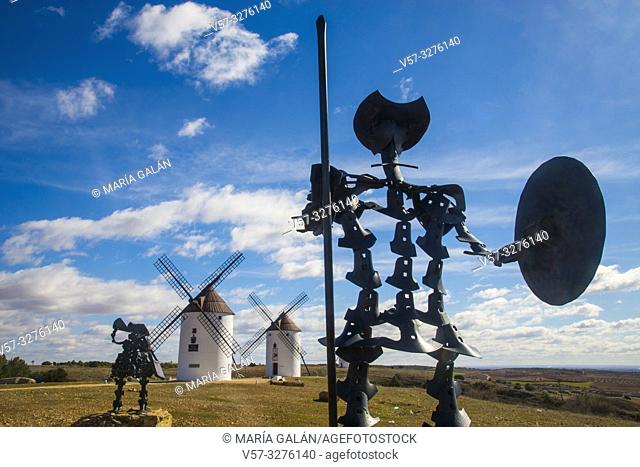 Don Quijote sculpture and windmills. Mota del Cuervo, Cuenca province, Castilla La Mancha, Spain