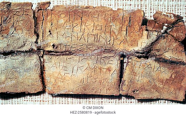 Lead tablet from the Sanctuary of Zeus at Dodona. Some of the Korkyrians and Orikioi ask to which god or hero they should sacrifice so as to govern the land in...