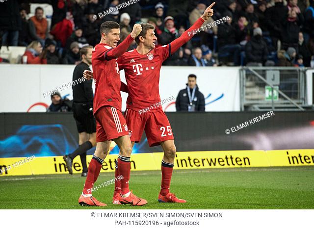 Thomas MUELLER (right, Mvºller, M) and goalkeeper Robert LEWANDOWSKI (M) cheer on the goal to 3: 1 for FC Bayern Munich, jubilation, cheer, cheering, joy
