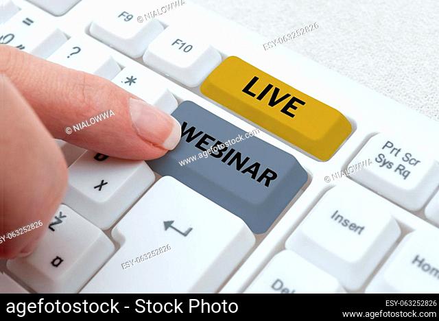 Text caption presenting Live Webinar, Internet Concept Interactive seminar transmitted over the web in real time