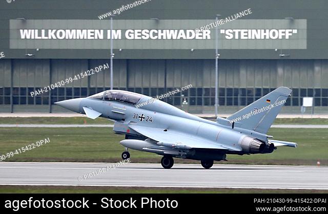 30 April 2021, Mecklenburg-Western Pomerania, Laage: A Eurofighter from the German Air Force Weapons School (WaSLw) takes off for an exercise at Tactical Air...