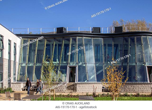 Durham University Business School. Exterior view of the building. Glass facade. Contemporary architecture