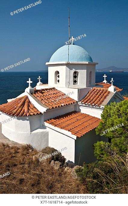 Orthodox church overlooking Neapoli Bay and the island of Elafonissos  At Paleokastro near Neapoli, Southern Lakonia, Peloponnese, Greece