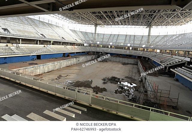 An interior view of the Olympic Aquatics Stadium under construction at the Olympic park of Barra in Rio de Janeiro, Brazil, 6 October 2015