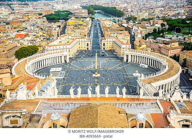 View from the dome of St. Peter's Basilica, San Pietro, across Piazza San Pietro, St. Peter's Square to Via della Conciliazione, Vatican, Rome, Lazio, Italy