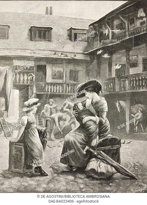 An inn-yard in the 18th century, a woman with two child waiting for the wagon, illustration from the magazine The Graphic, volume XXIX, n 749, April 5, 1884
