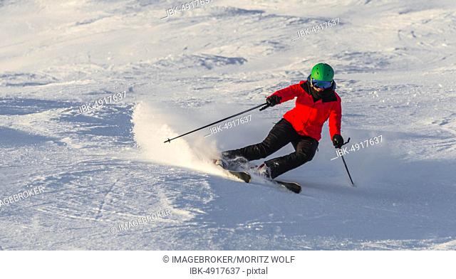 Female skier skiing steep downhill in a short turn, black slope, SkiWelt Wilder Kaiser, Brixen im Thale, Tyrol, Austria, Europe