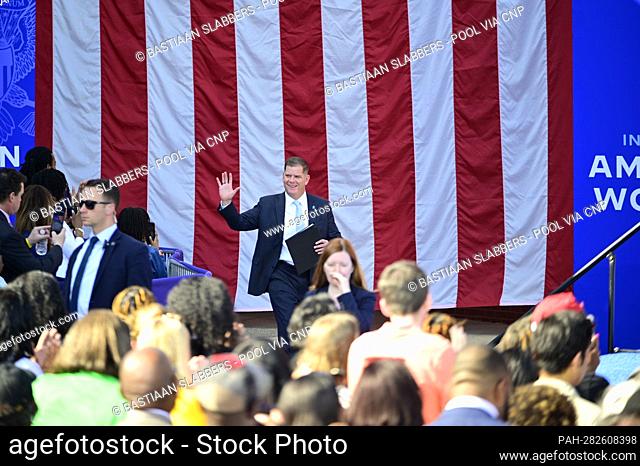 United States Secretary of Labor Marty Walsh is welcomed on stage ahead of US Vice President Kamala Harris at the Sheetmetal Workers Local 19 Hall in...