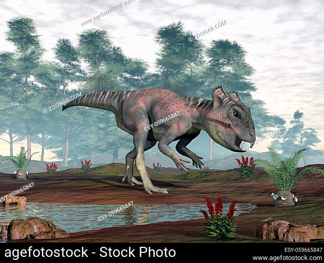 Archaeoceratops dinosaur looking for food cycaeodia to eat in the desert by day - 3D render