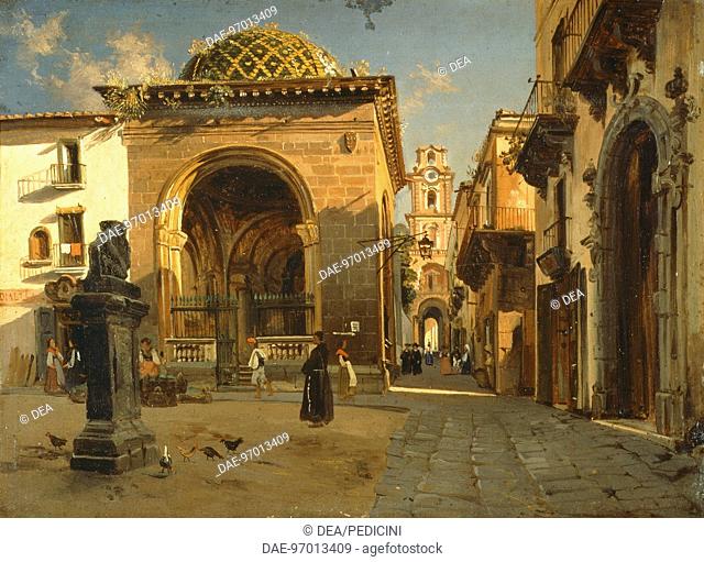 The Sedil Dominova loggia in Sorrento, by Teodoro Duclere (1816-1869), oil on canvas, Italy 19th Century, 29x39 cm.  Sorrento