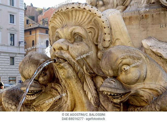 Mascaron and dolphins, detail from Piazza della Rotonda fountain, in front of Pantheon, by Giacomo della Porta (1532-1602), Rome (UNESCO World Heritage List