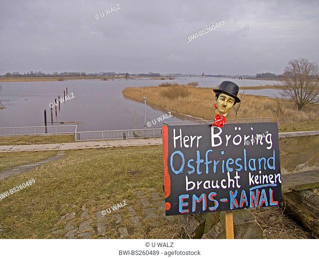 blackboard labeled 'East Frisia need no Ems Canal', Germany, Lower Saxony