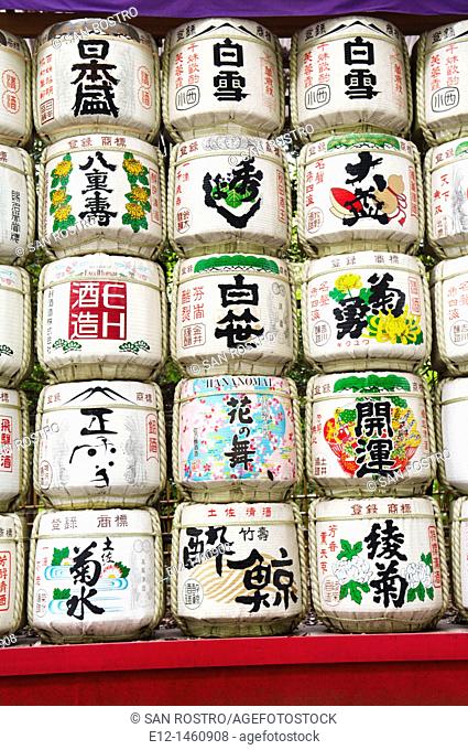 Sake barrels in a temple, Tokyo, Japan