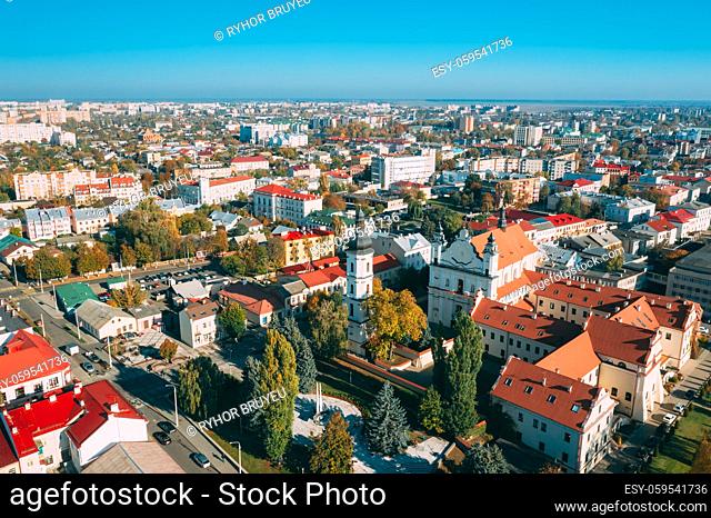 Pinsk, Brest Region, Belarus. Pinsk Cityscape Skyline In Autumn Morning. Bird's-eye View Of Cathedral Of Name Of The Blessed Virgin Mary And Monastery Of The...