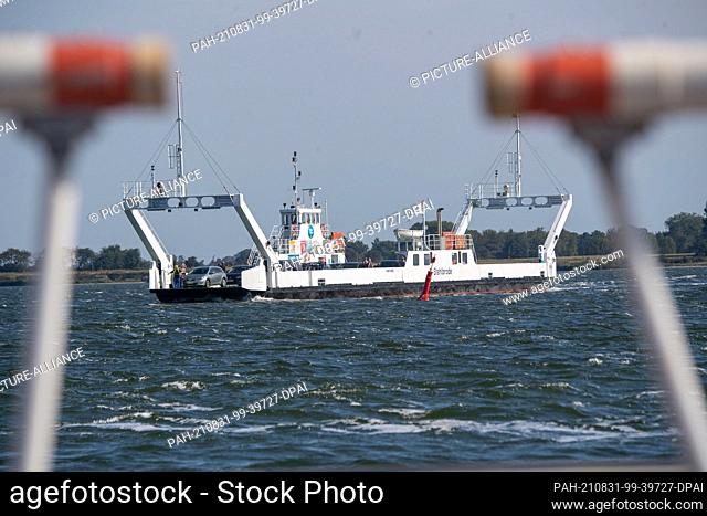 31 August 2021, Mecklenburg-Western Pomerania, Glewitz: The ferry ""Stahlbrode"" sails across the Strelasund off the island of Rügen