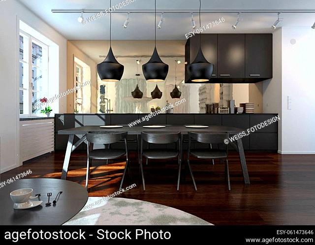 Architectural Interior of Modern Dining Room and Kitchen in Open Concept Apartment or Condo with Dark Contemporary Furniture