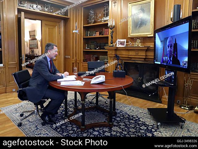 King Felipe VI of Spain attends videoconference with Javier Taberna, President of the Navarra Chamber of Commerce at Zarzuela Palace on March 31, 2020 in Madrid