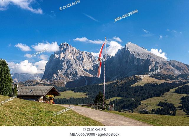 Alpe di Siusi/Seiser Alm, Dolomites, South Tyrol, Italy. The Rauch mountain hut
