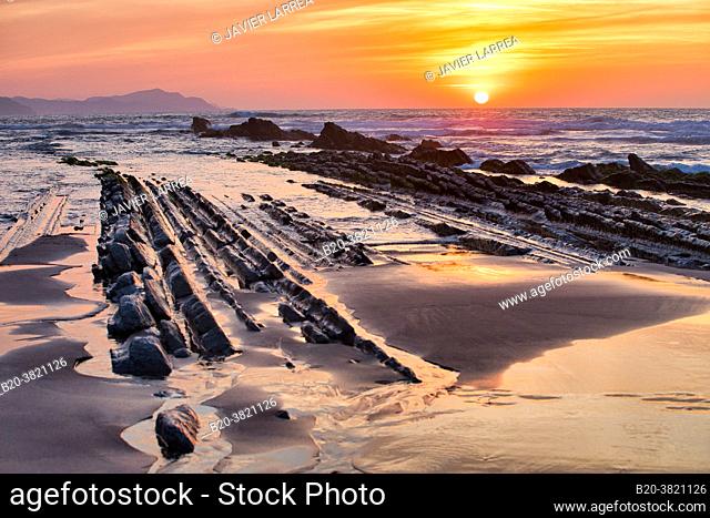Sunset, Flysch, Itzurun Beach, Zumaia, Gipuzkoa, Basque Country, Spain, Europe