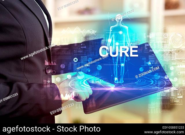 Electronic medical record with CURE inscription, Medical technology concept