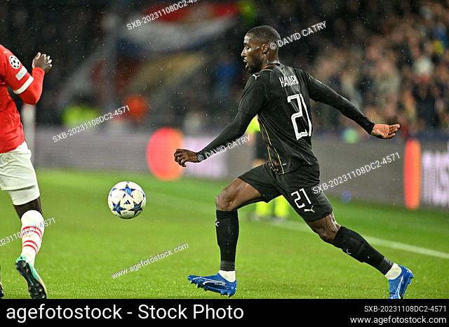 Massadio Haidara (21) of RC Lens pictured during the Uefa Champions League matchday 4 game in group B in the 2023-2024 season between PSV Eindhoven and Racing...