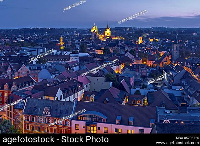 View over the city center with cathedral and Severikirche from Erfurt, Thuringia, Germany