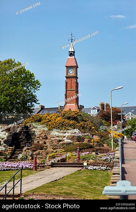 The Jubilee Clock Tower standing at the top of Sea Hill in the Seafield Gardens Seaton. It was built to commemorate Queen Victoria?s Golden Jubilee