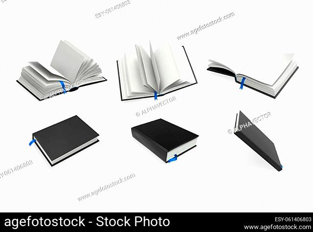 Realistic books set. Collection of mockups realism style drawn antique opened and closed textbooks with empty pages. Illustration of fiction or poetry paper...