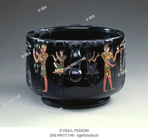Roman civilization, 1st century b.C. Black obsidian bowl with white and pink coral inlays, lapis lazuli, malachite and gold