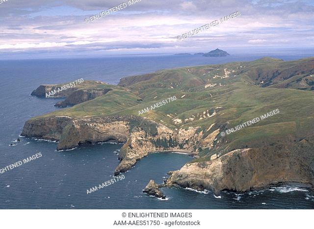 Aerial over the northeast coast of Santa Cruz Island, Channel Islands, California