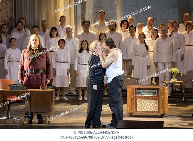 Opera singers Simone Schneider (as Leonore) and Christopher Ventris (as Florestan, R) standing onstage during a phtoto rehearsal of the opera ""Fidelio"" by...