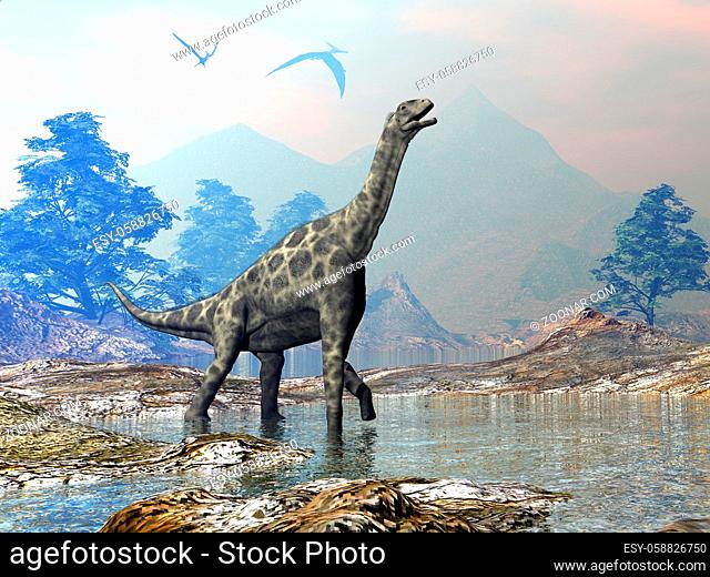 Atlasaurus dinosaur walking in a landscape with water by day - 3D render